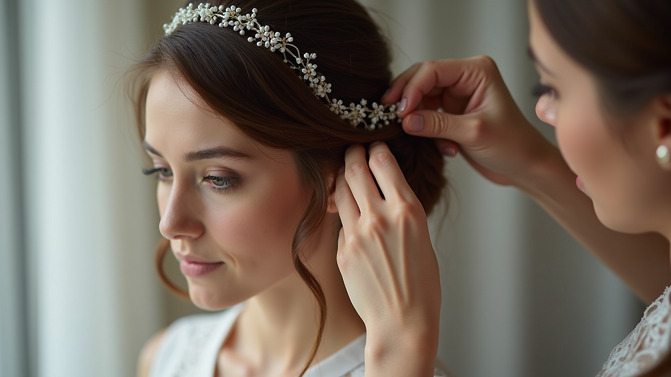 Close-up view of a bridal hair stylist arranging a delicate hairpin on short hair