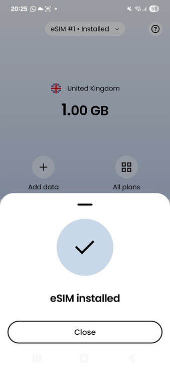 eSIM installed prompt showing on the Saily eSIM app