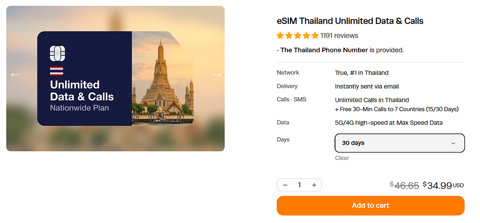 An image of the pricing options for an unlimited Thailand eSIM on the eSIM Thailand website