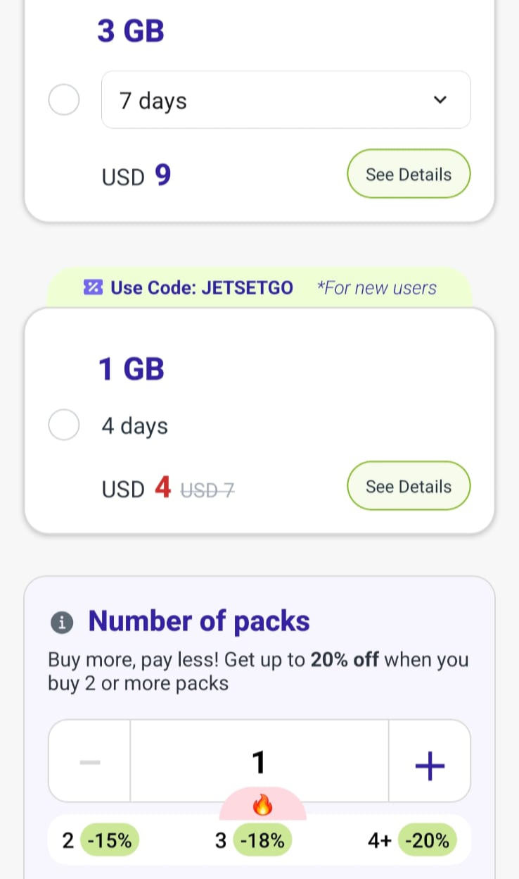 The prices of a 1 GB and  3 GB eSIM from Jetpac in Vietnam