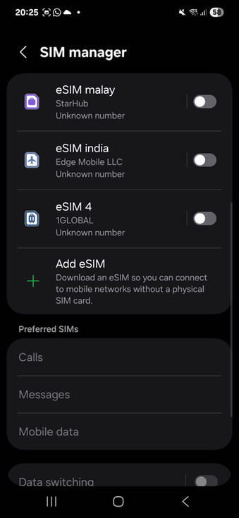 Sim settings on an Android phone showing the option to add an eSIM