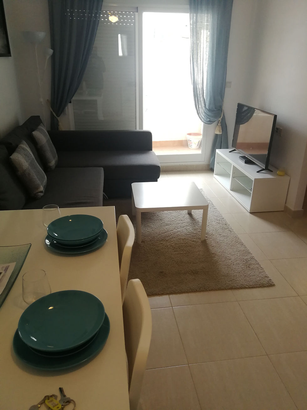 A table, TV and sofa in an apartment