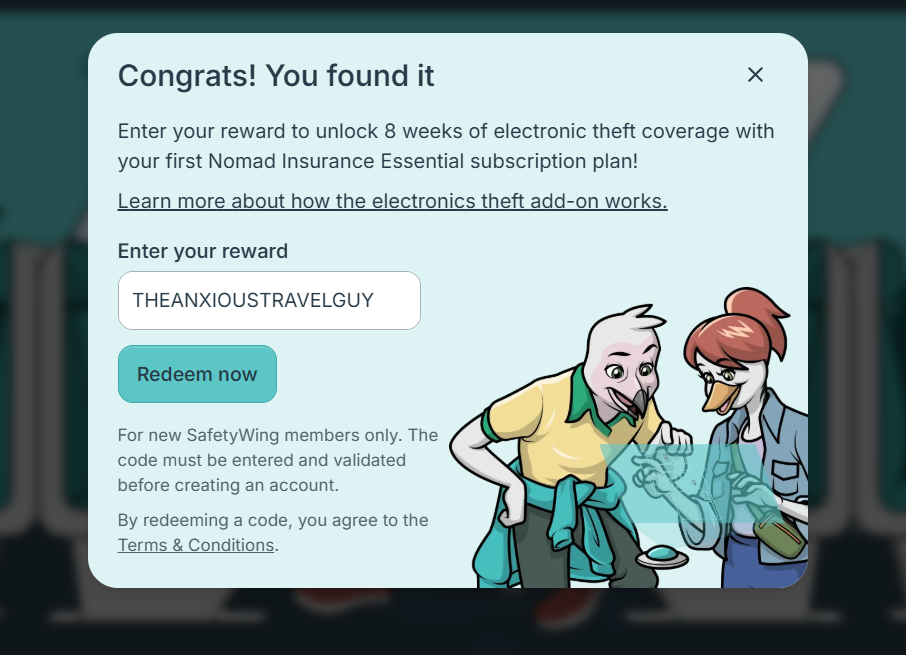 A congratulations message after redeeming a code on the SafetyWing website