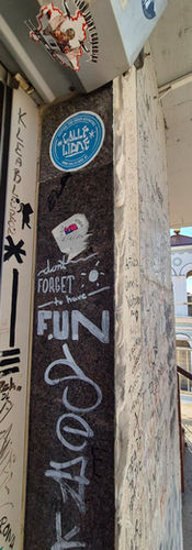Graffiti at the top of the bell tower at the Cathedral of Saint Mother Teresa, Pristina