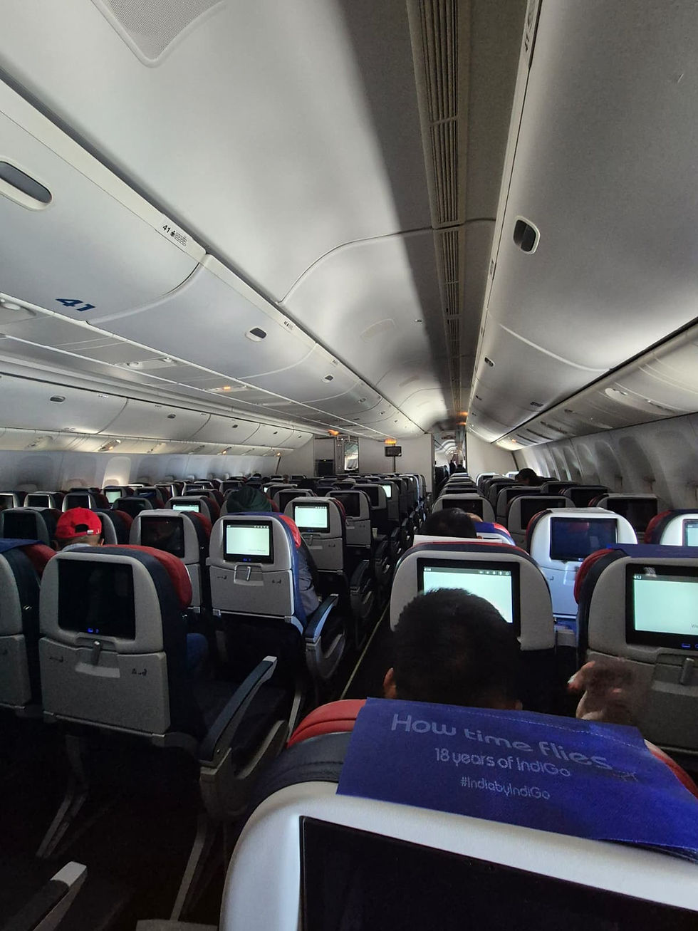 The interior of an IndiGo long-haul flight