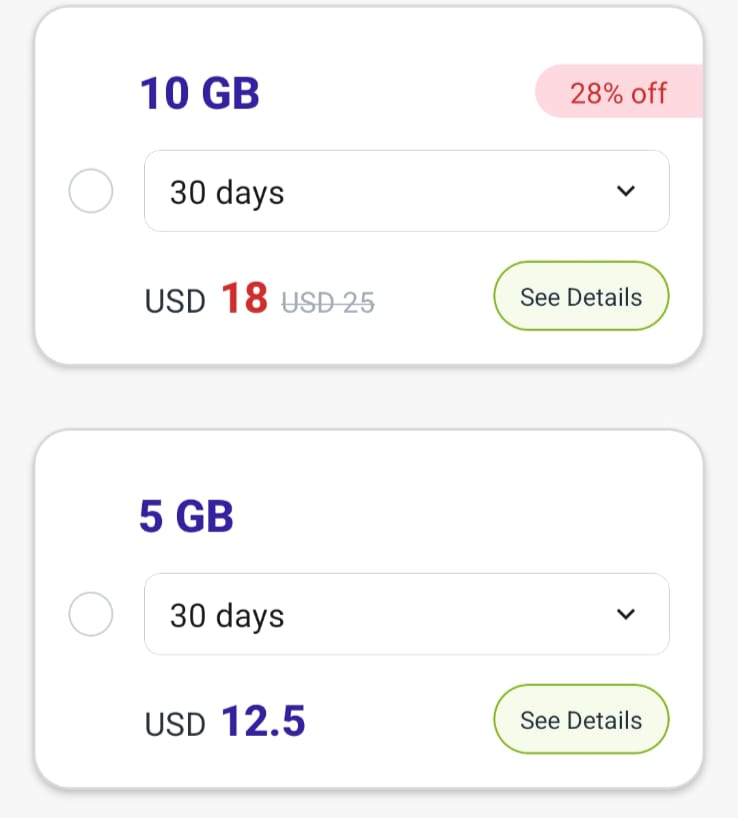 The prices of a 10, 5 GB and  3 GB eSIM from Jetpac in Vietnam