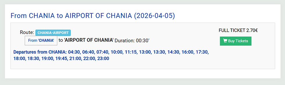 The timetable for Chania to Chania Airport bus