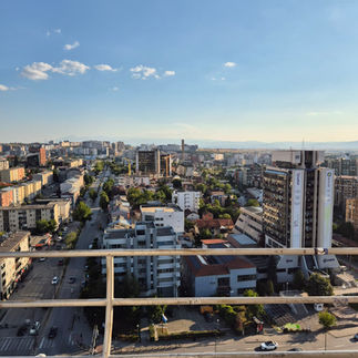 Views over Pristina from the bell tower at Graffiti at the top of the bell tower at the Cathedral of Saint Mother Teresa, Pristina
