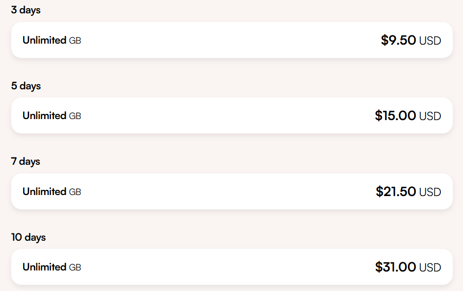 The price of unlimited Airalo eSIM's in Thailand