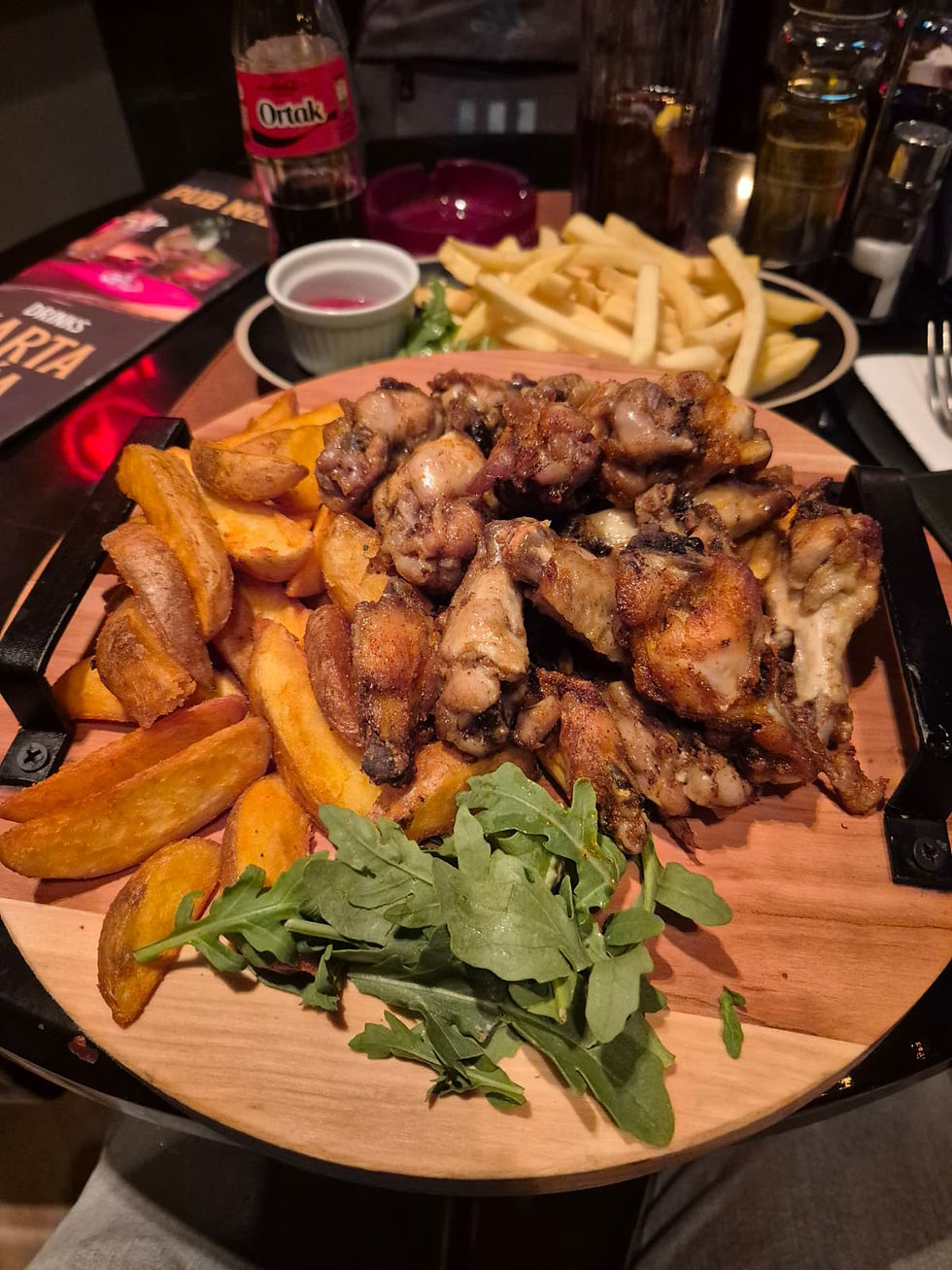 A plate showing chicken wings and potato wedges at Pub No 25 in Belgrade