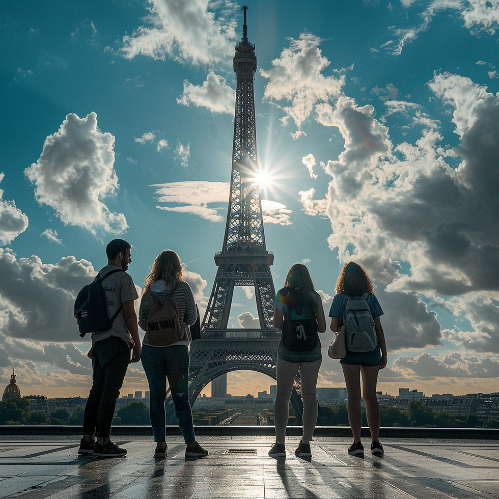 A group of people standing around and looking up at the Eiffel Tower in Paris, France, marveling at its iconic structure and design.