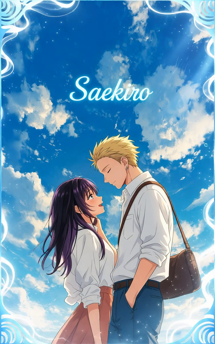 Casal em estilo anime sob céu azul com nuvens, moldura branca e azul e o nome Saekiro em destaque.