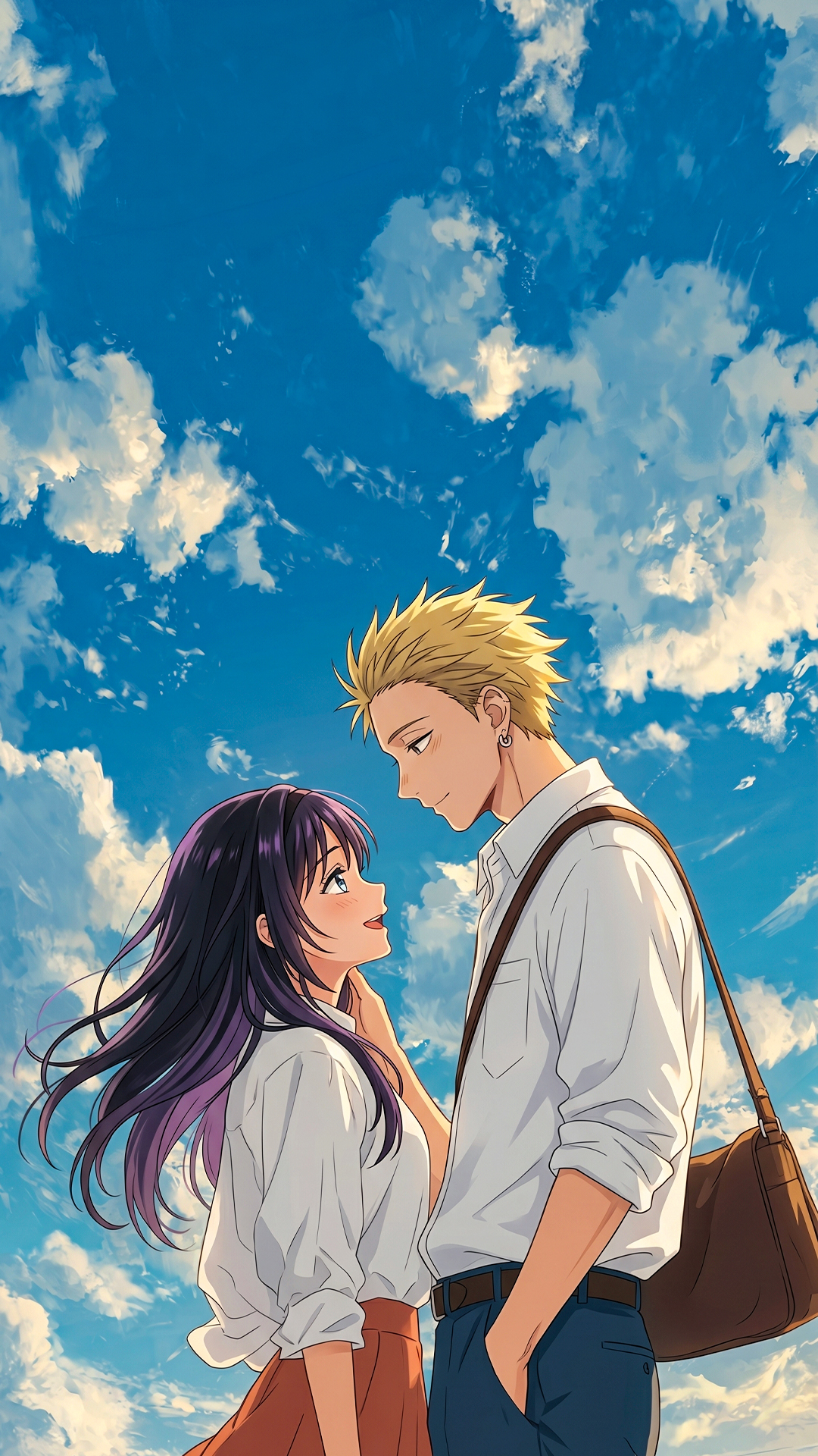 Casal em estilo anime sob céu azul com nuvens, moldura branca e azul e o nome Saekiro em destaque.