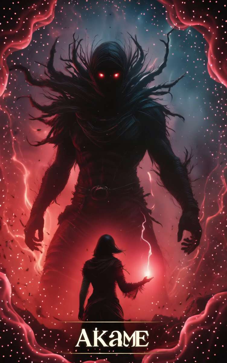 Shadowy figure with red glowing eyes in a dark landscape, surrounded by particles and a crimson frame.