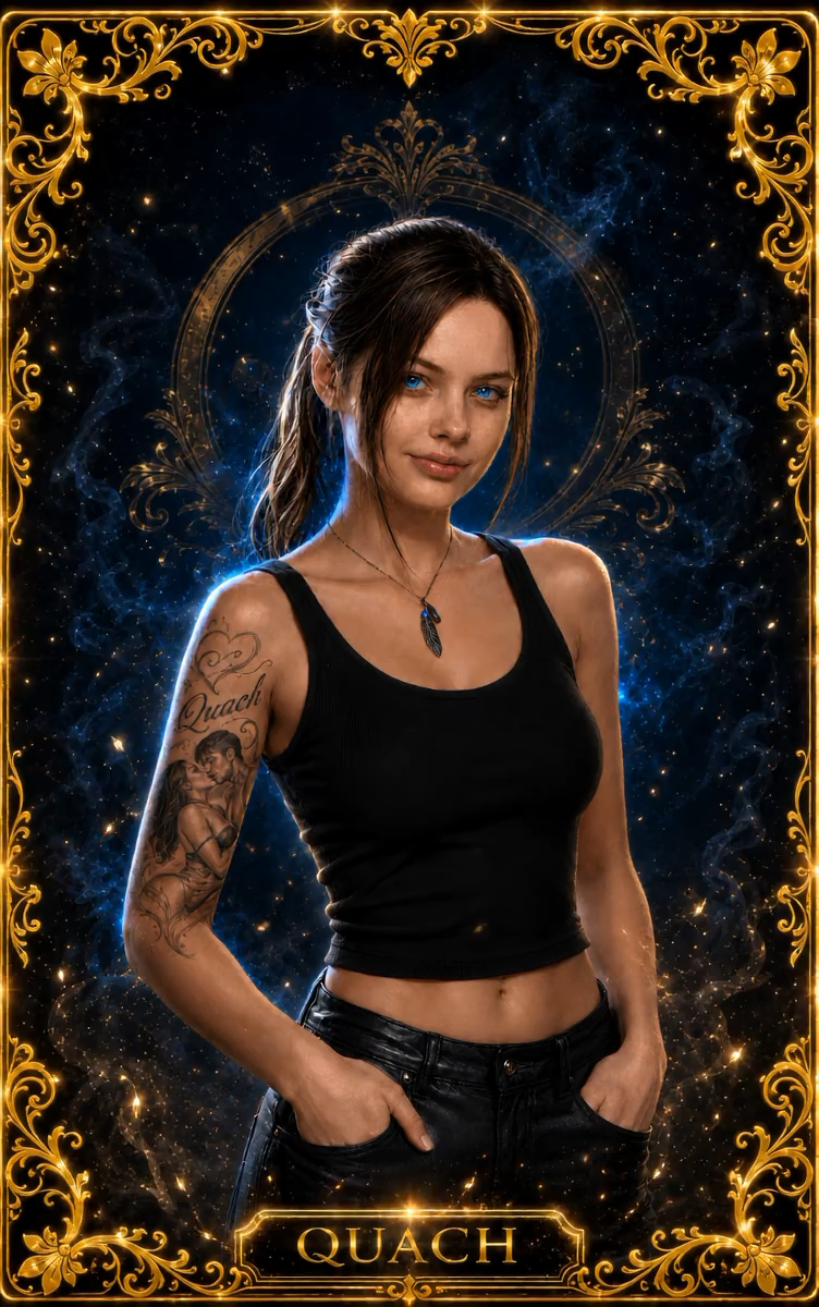 Claire Redfield em retrato semirrealista, com olhos azuis, moldura dourada ornamental e fundo cósmico azul com partículas luminosas.