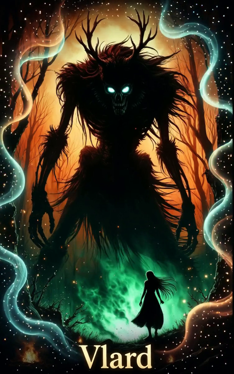 Colossal horned Skeleton Titan with glowing green eyes facing a lone figure in a dark forest filled with emerald mist and spectral lights.