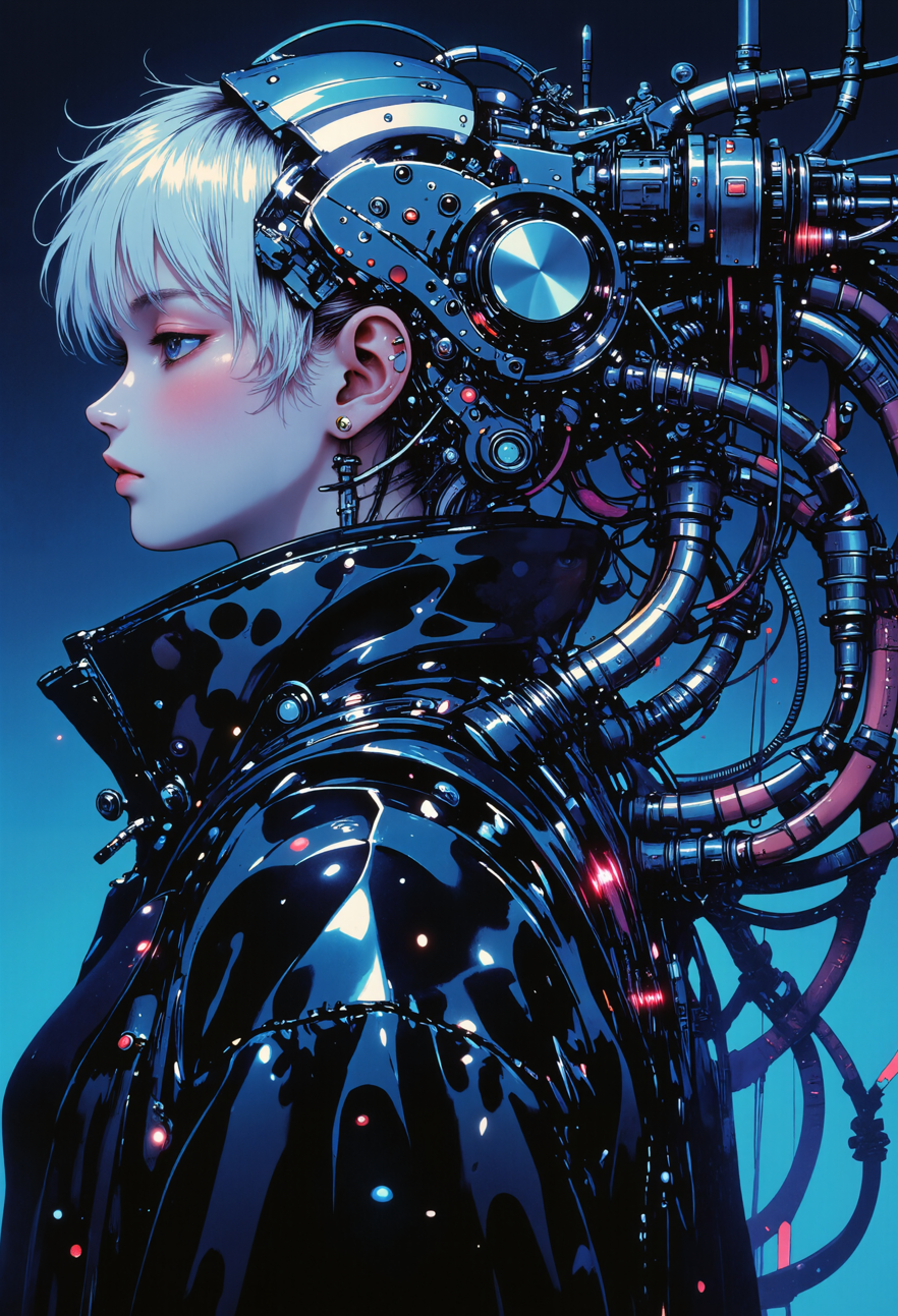 Garota cyberpunk de cabelo branco vista de perfil, com implantes mecânicos, roupa preta brilhante e anéis luminosos azuis e dourados.
