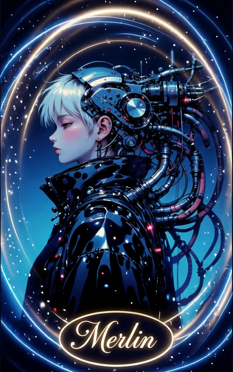 Garota cyberpunk de cabelo branco vista de perfil, com implantes mecânicos, roupa preta brilhante e anéis luminosos azuis e dourados.