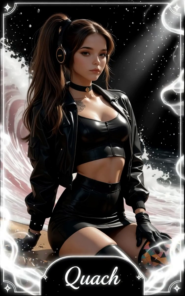 Brunette girl wearing headphones and a black outfit against a cosmic background with particles and a glowing white frame.