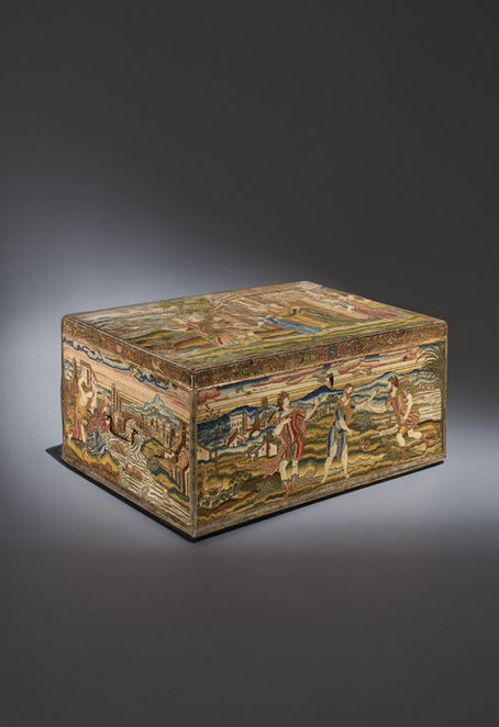 Experience the grandeur of Renaissance artistry with the recently acquired tapestry-embroidered chest, intricately detailing Moses' biblical saga. Adorned with gold and silver threads, this luxurious chest, attributed to François Goulard, signifies the opulence of its era. Its rich material use, noble provenance, and display in prestigious venues like the Metropolitan Museum of Art, underscore its exceptional craftsmanship and historical significance, making it a prized possession for connoisseurs of rare and magnificent artifacts. Musée de la Renaissance in Ecouen.