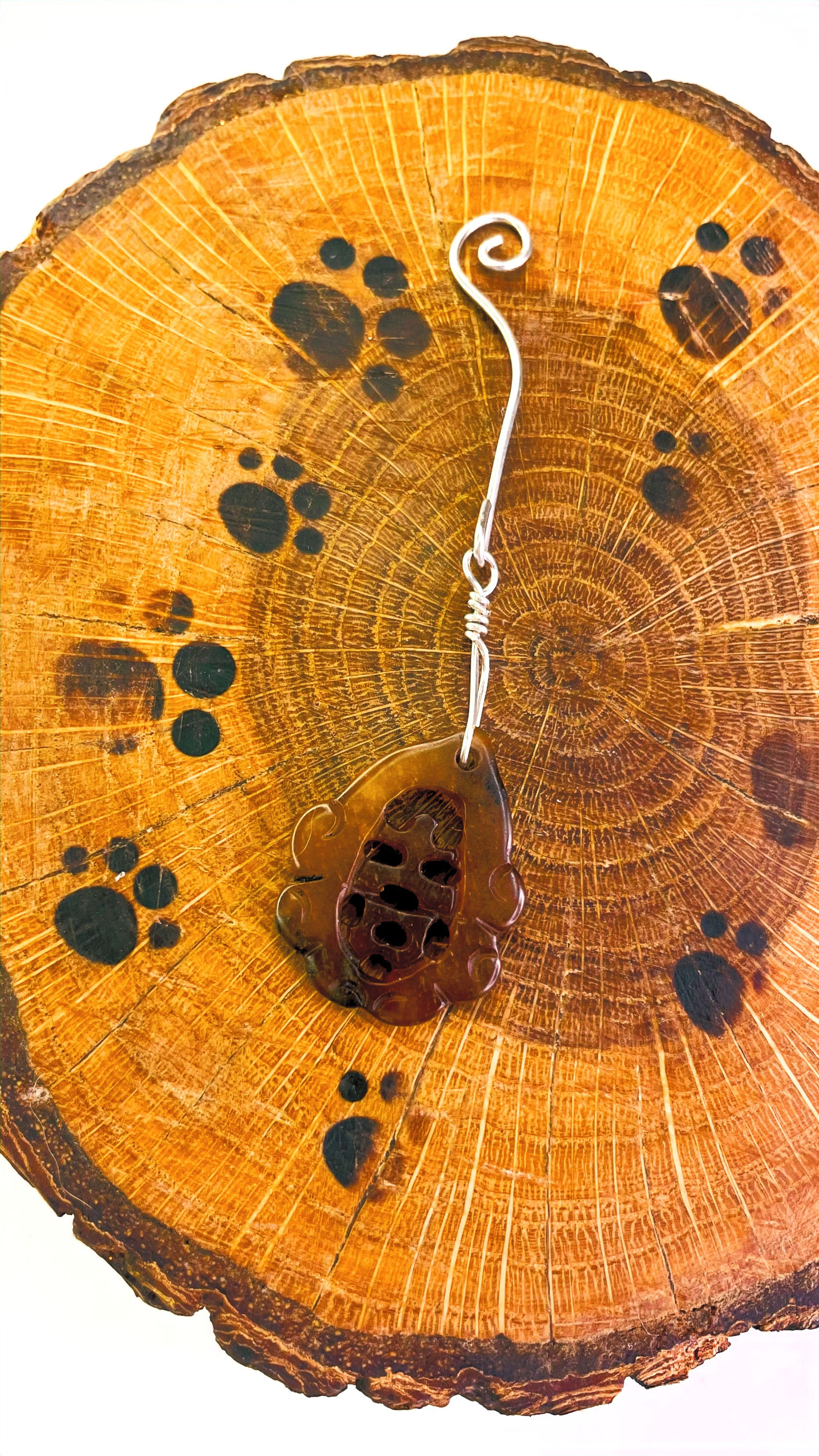 Jadeite Chinese Symbol Carved Amulet, S. Silver Bails & Leather Necklace