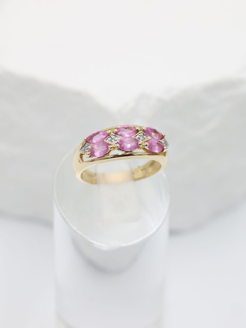 9ct Yellow Gold One Carat Pink Sapphire & Diamond Two Row Ring