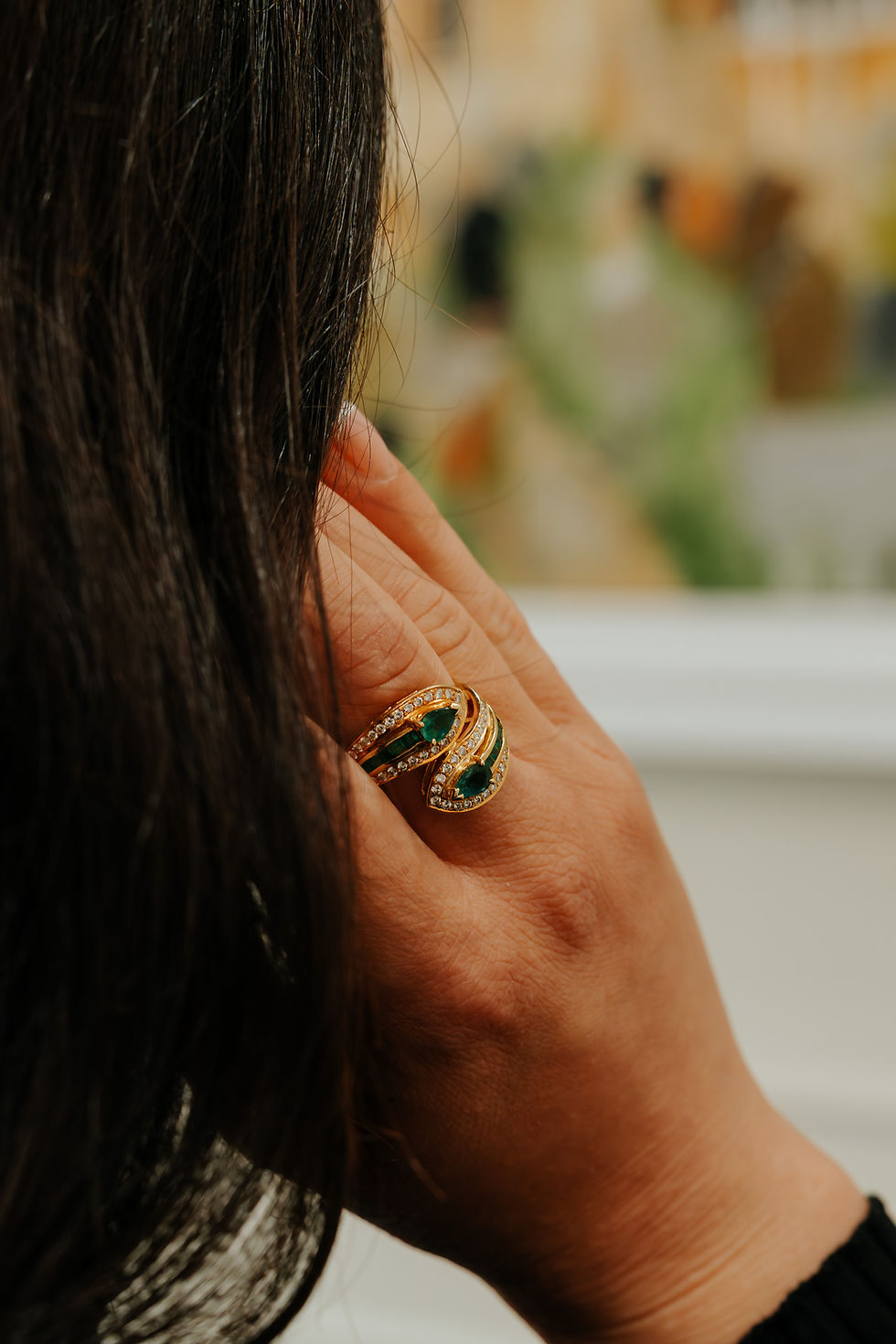 Thumbnail: 18ct Yellow Gold Emerald & Diamond Bypass Ring