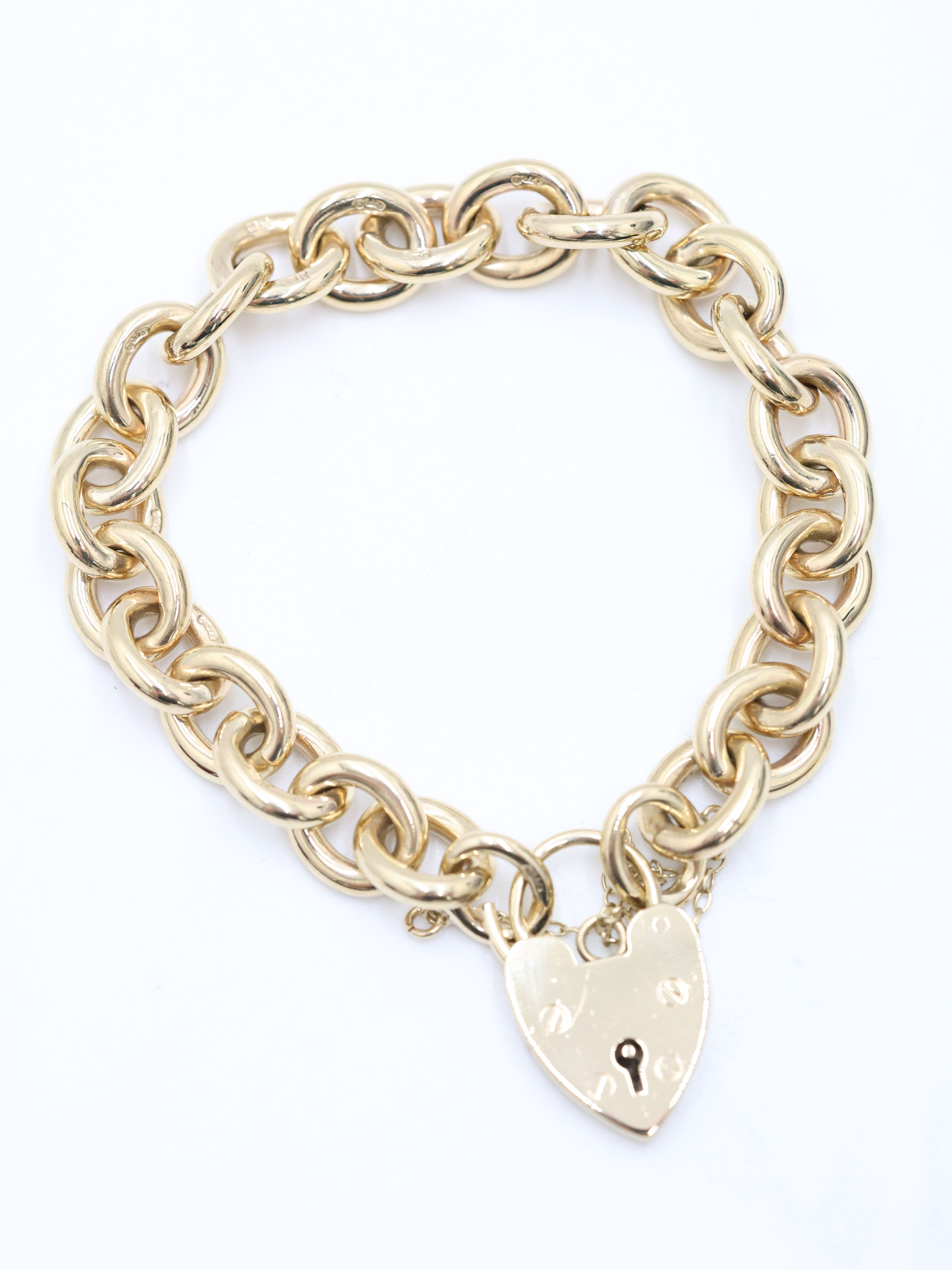 9ct Yellow Gold Heavy Oval Gate Link Heart Locket Bracelet