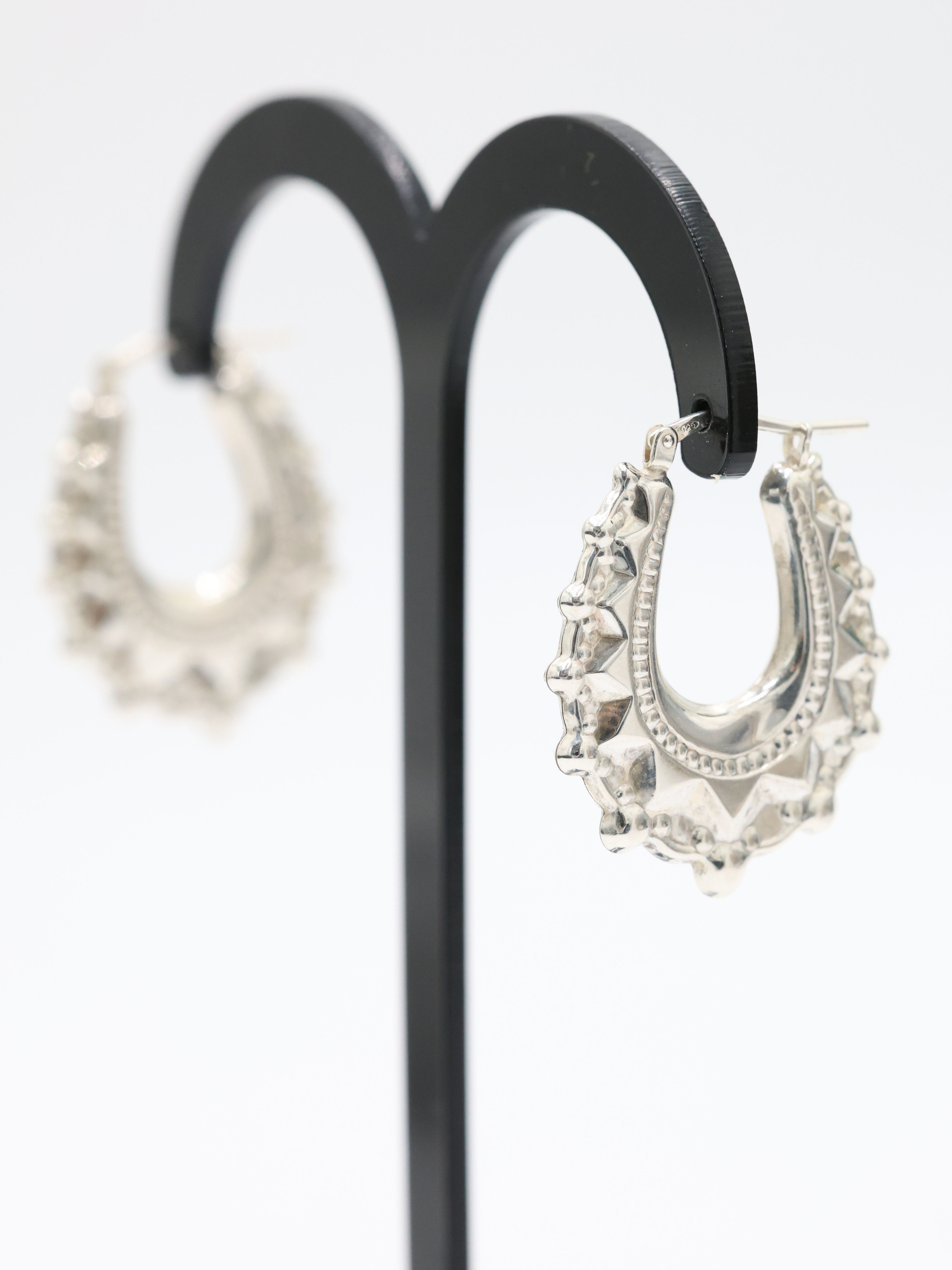 Sterling Silver 925 Medium Creole Spike Hoop Earrings