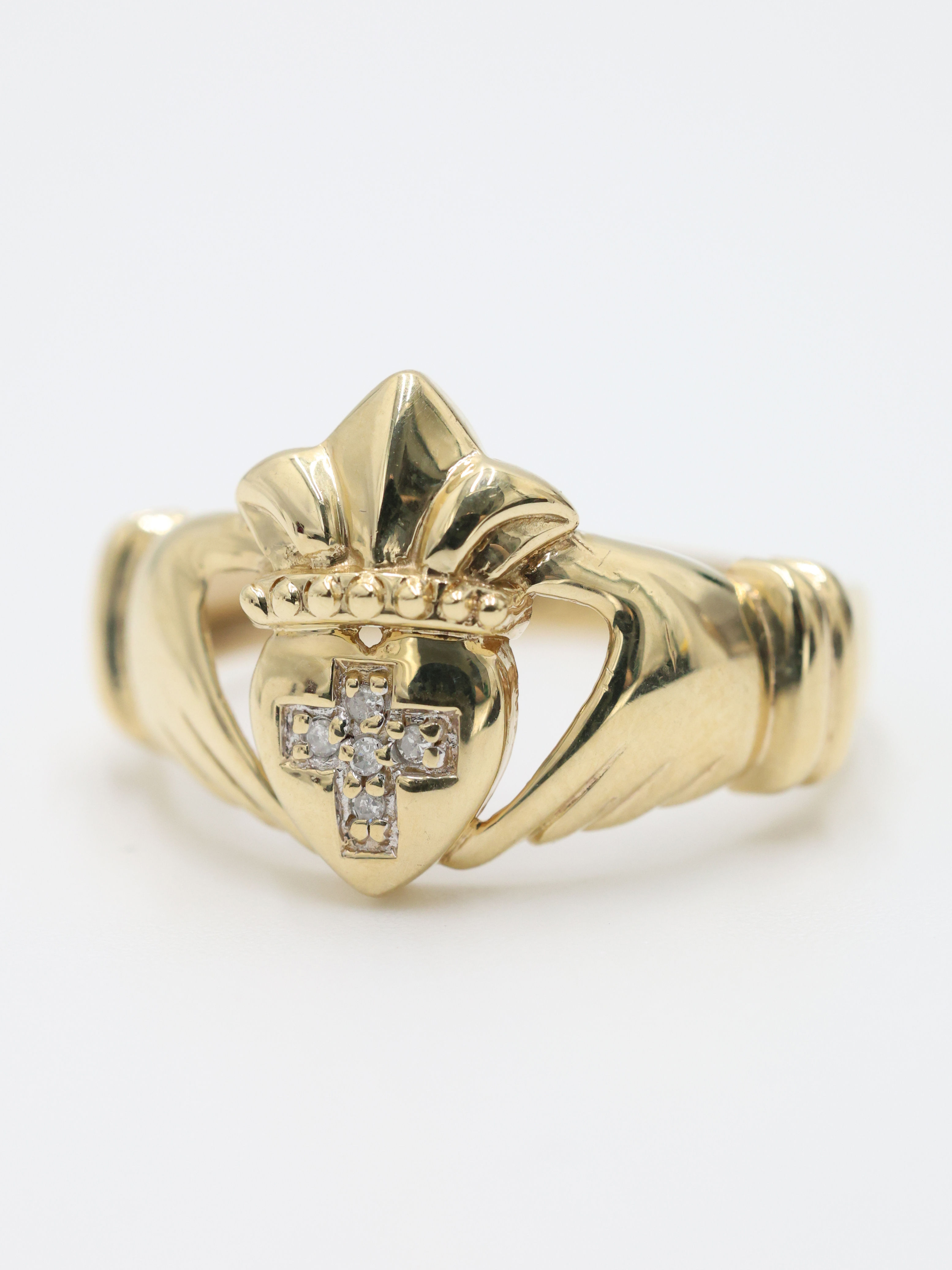 9ct Yellow Gold Claddagh & Diamond Cross Ring Size V