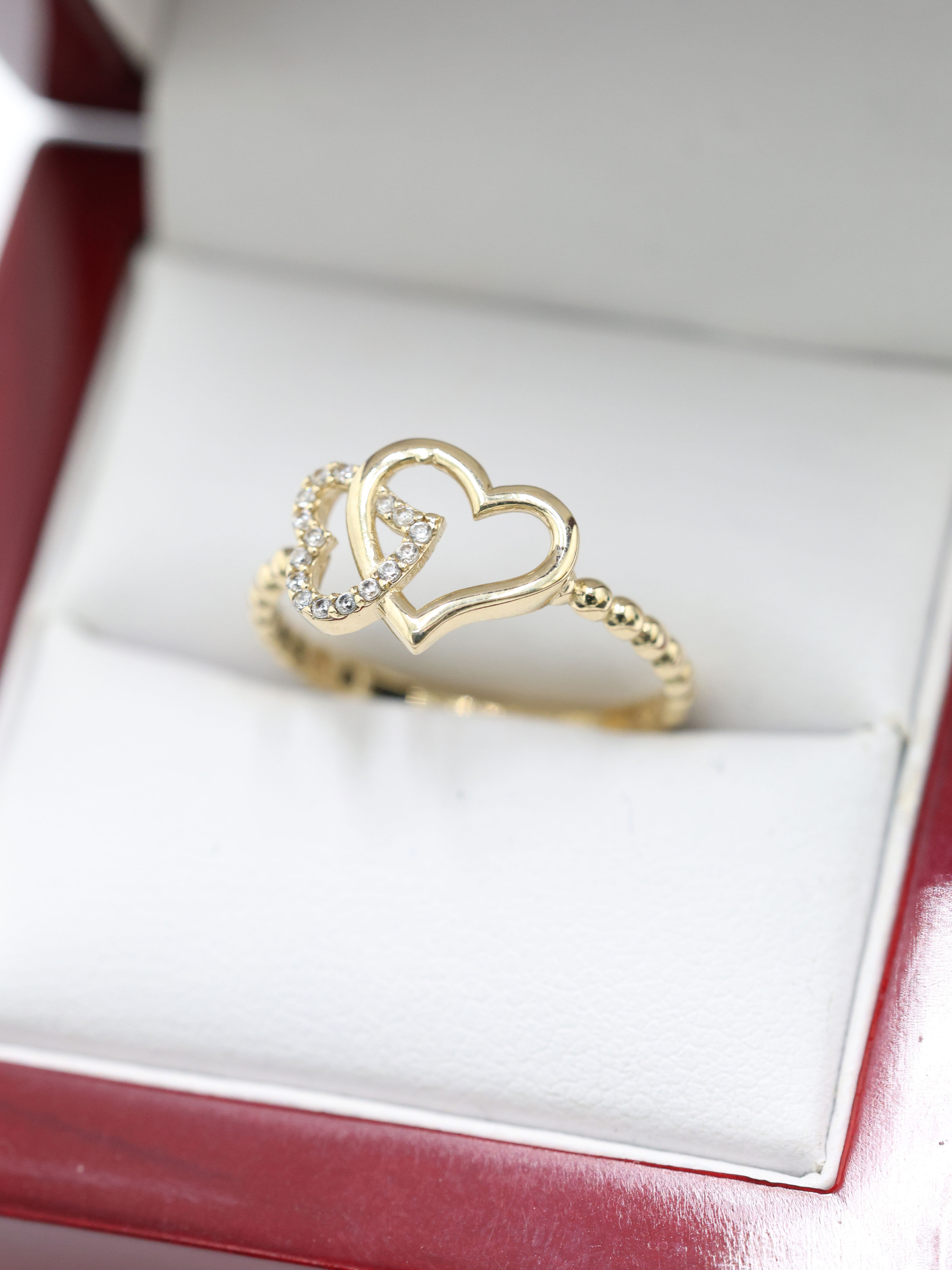 14ct Yellow Gold Double Heart Interlock CZ Ring Size O 1/2