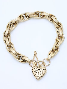 9ct Yellow Gold Twisted Pattern Belcher Link Heart Locked Bracelet   8"