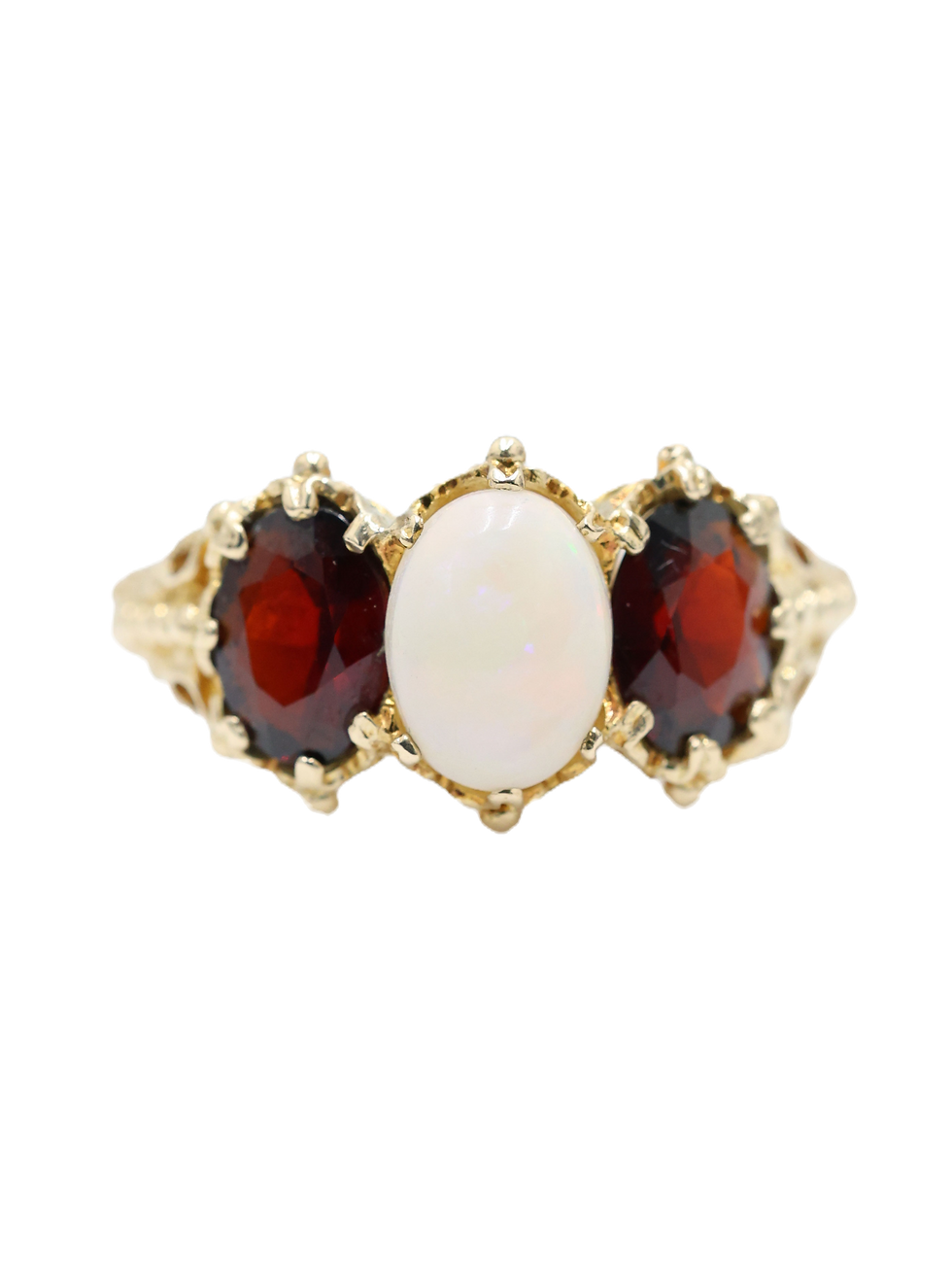 Thumbnail: 9ct Yellow Gold Garnet & Opal Trilogy Ring