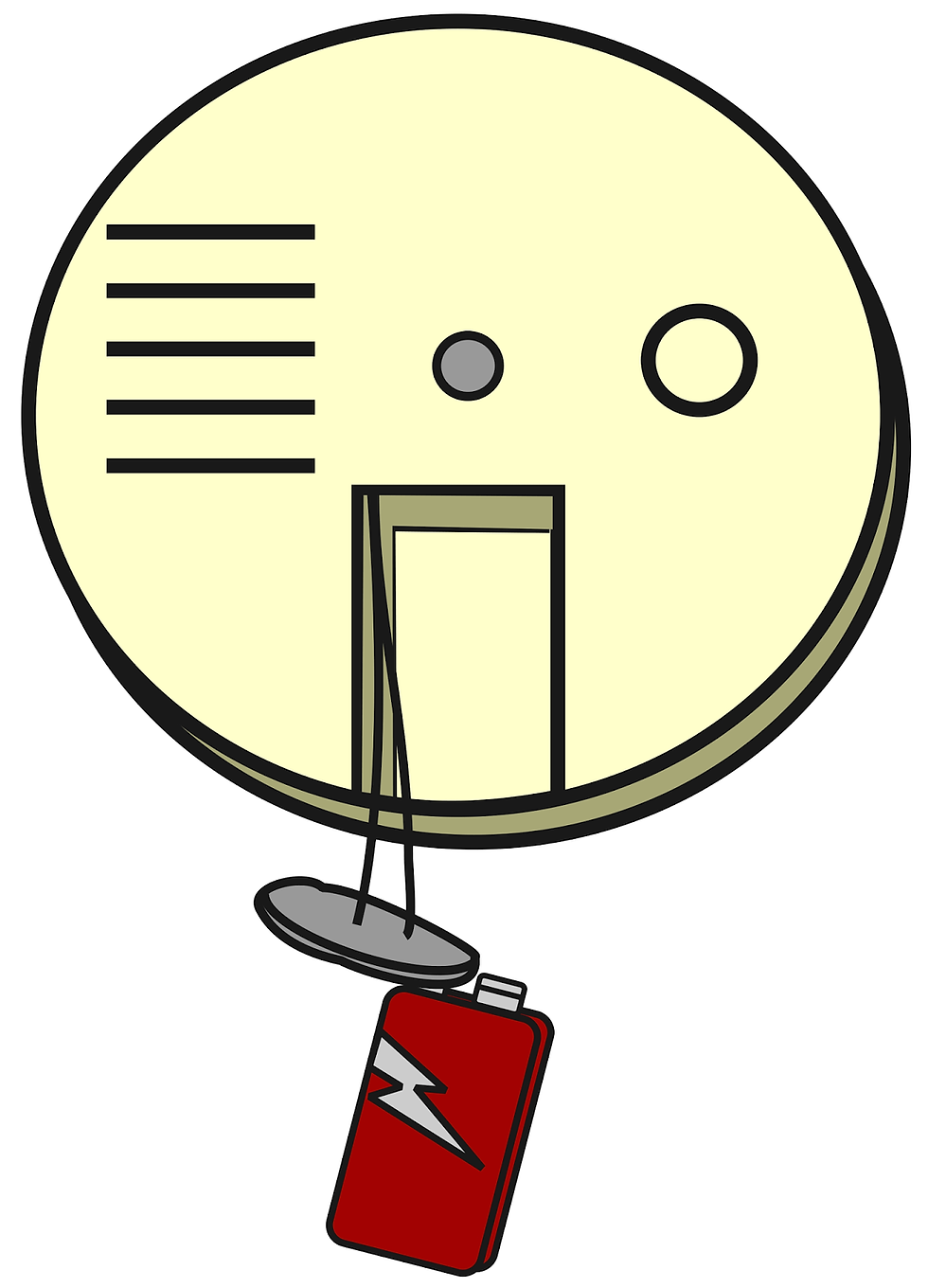 A beige smoke detector with open battery compartment. A red battery with a white lightning bolt is hanging by wires. Clean, simple design.