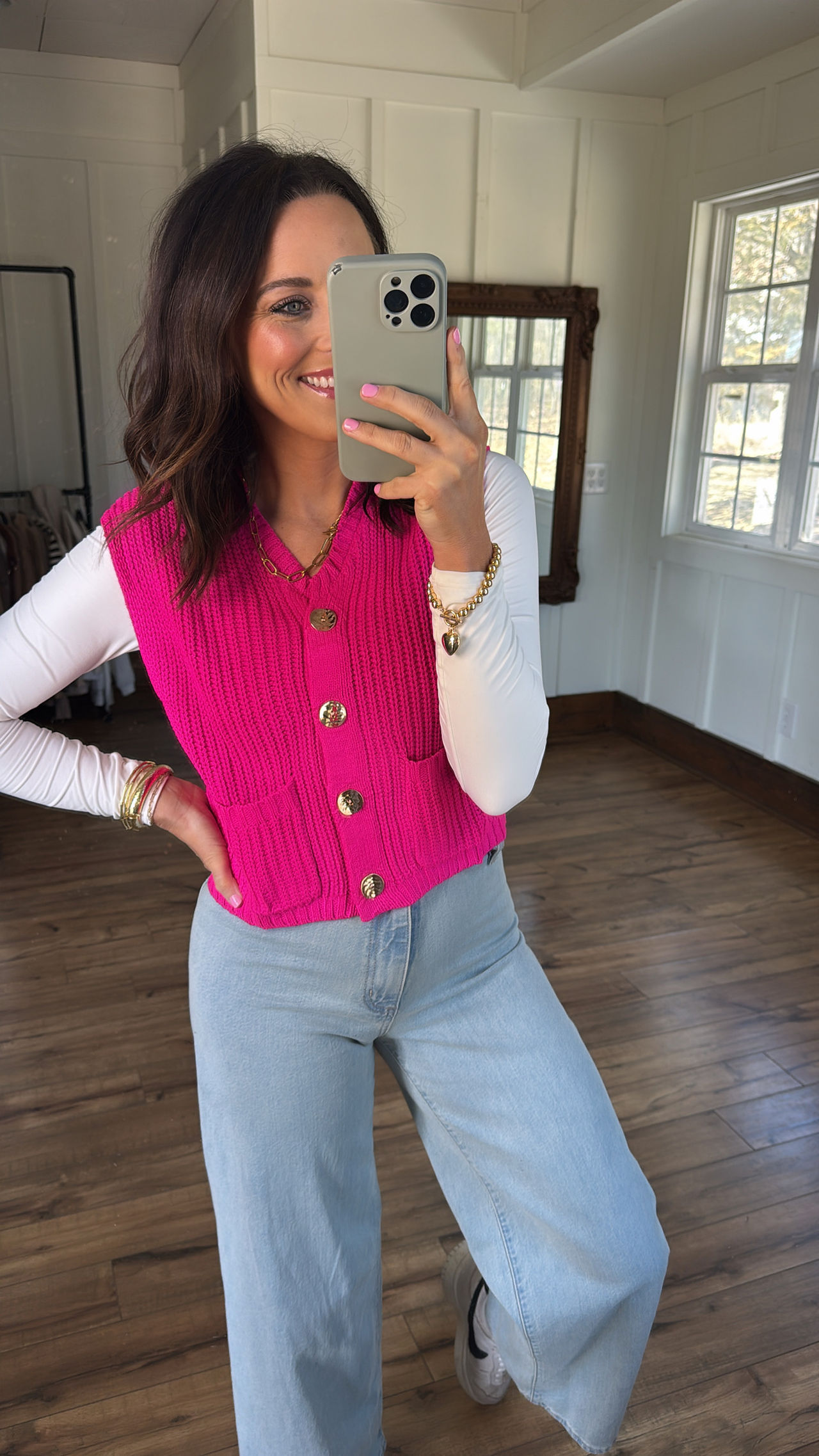 Pink Knit Vest + White Long Sleeve