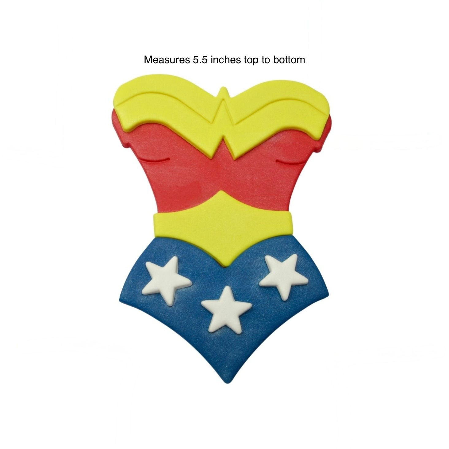 Edible Wonder Woman cake topper made from fondant, stand-alone superhero figure measuring 5.5 inches top to bottom