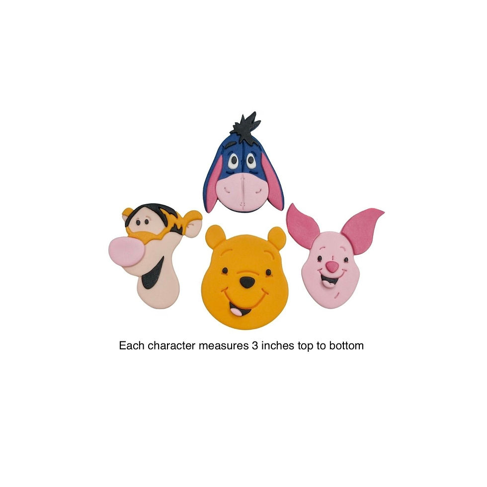 Edible Winnie the Pooh and friends character face cake toppers made from fondant, cupcake decorations measuring 3 inches each