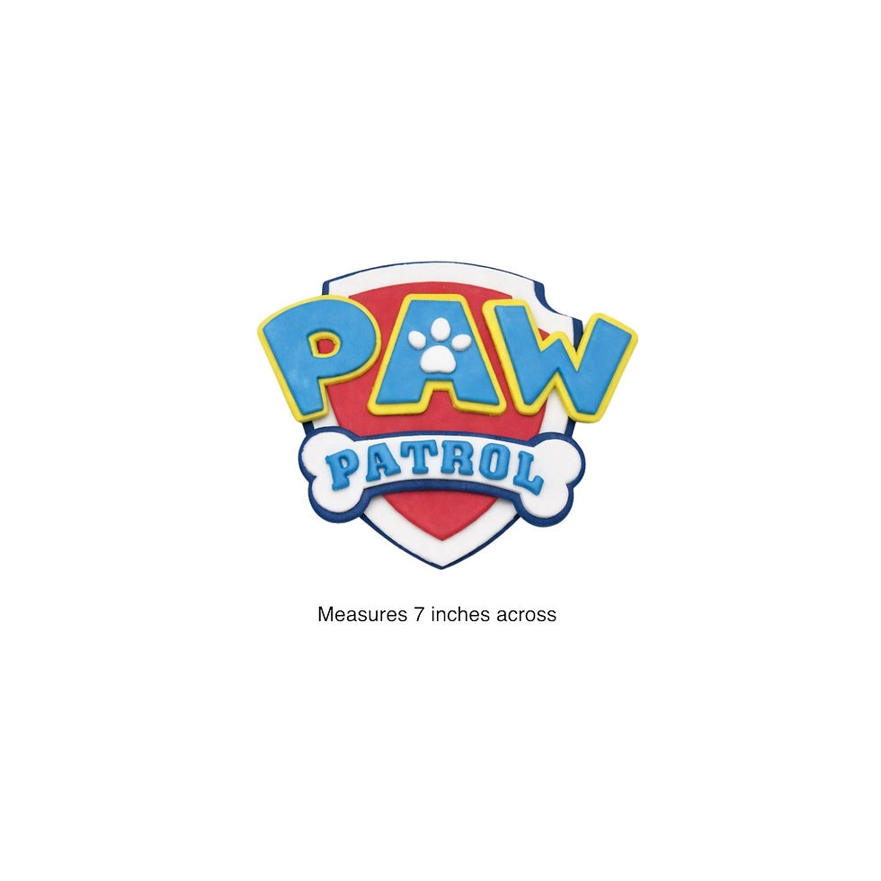 Edible Paw Patrol logo cake topper made from fondant, stand-alone topper only, measuring 7 inches