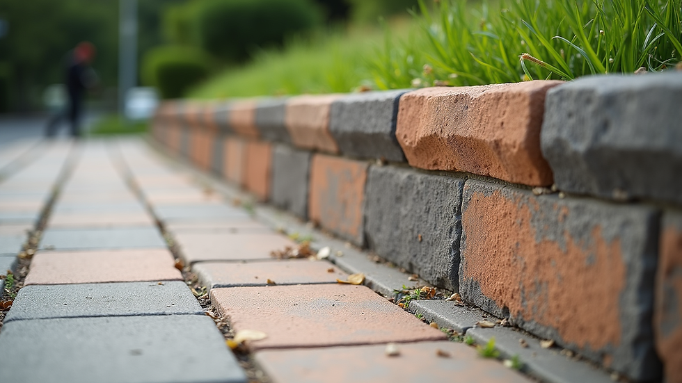 Eye-level view of decorative concrete block retaining wall with mixed colours