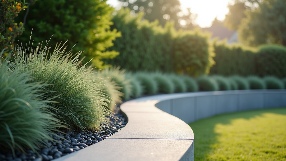 Eye-level view of curved retaining wall with plants