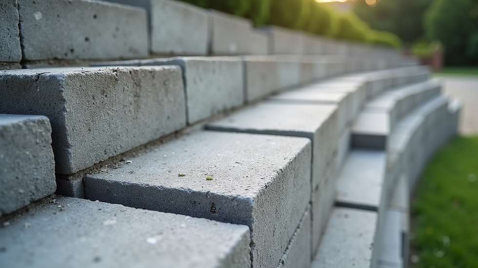 Close-up view of stacked concrete retaining wall blocks