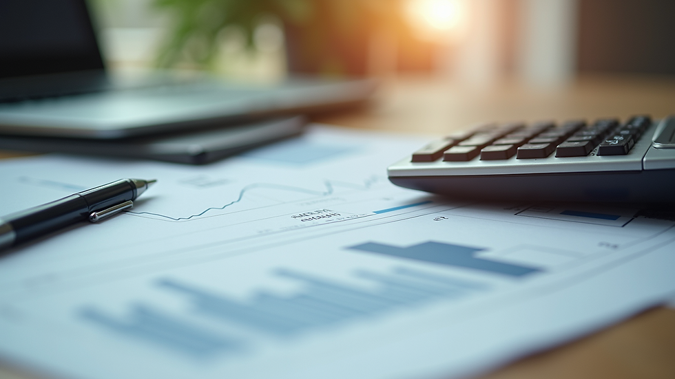 Close-up view of a calculator and financial documents on a desk