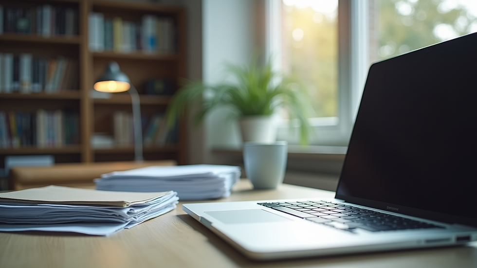 Eye-level view of a modern workspace with organized files and a laptop