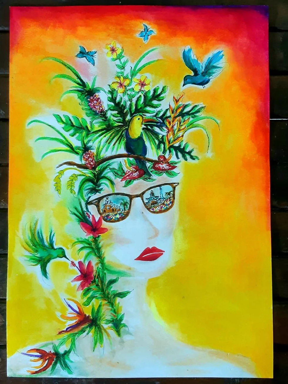 Miniatura: Tropical woman birds and flowers