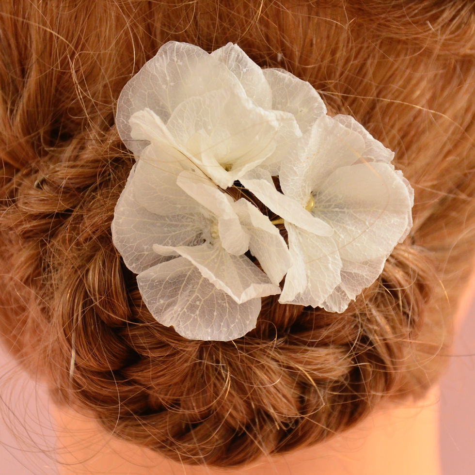 Miniature : Détail fleurons d’hortensia sur épingles à chignon dorée