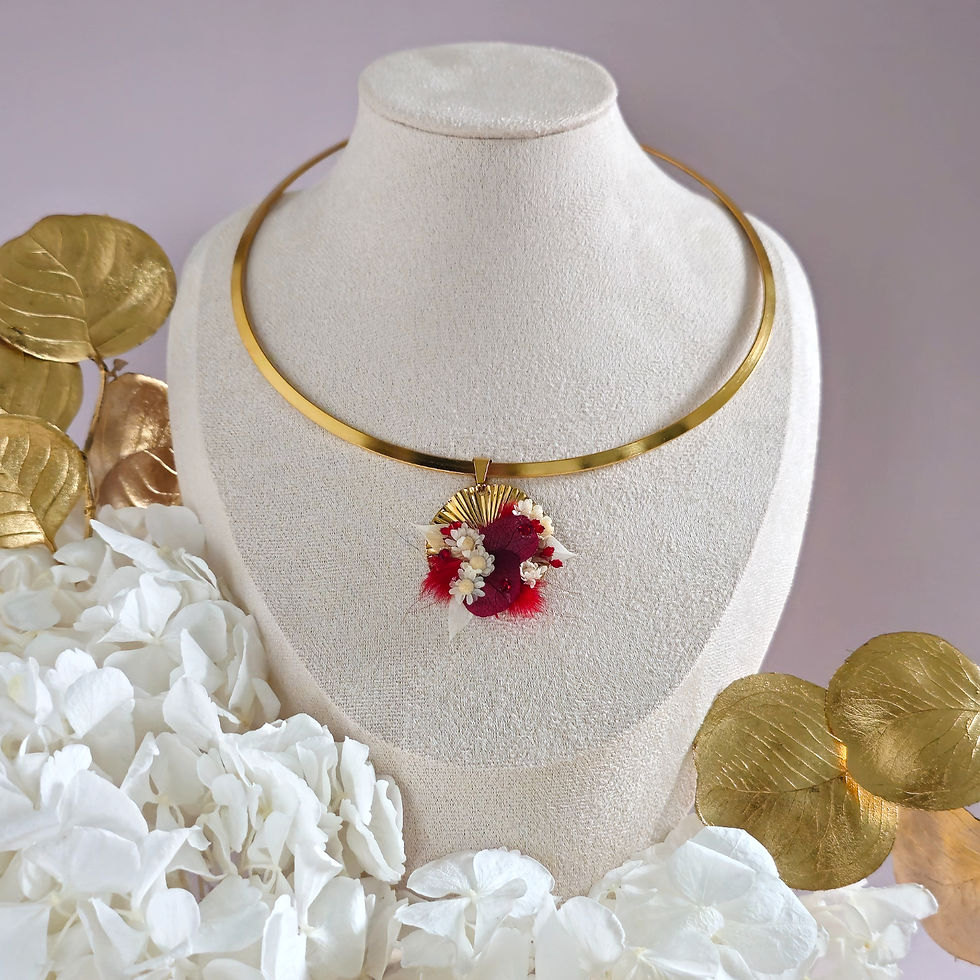 Miniature : Collier Ora doré fleurs séchées rouge et blanc