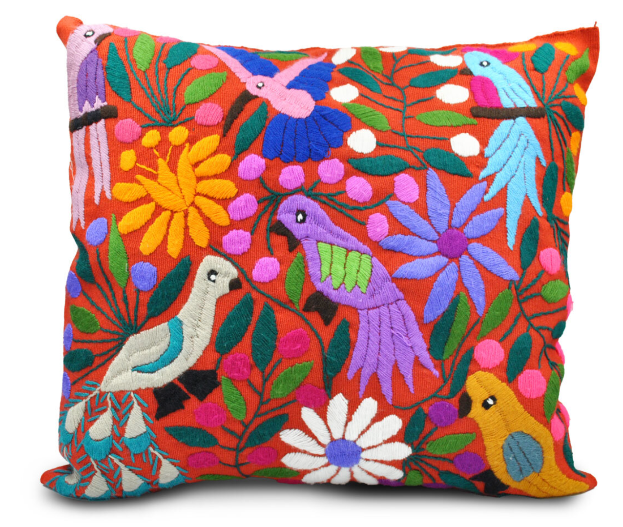 Cojín rojo aves y flores de colores