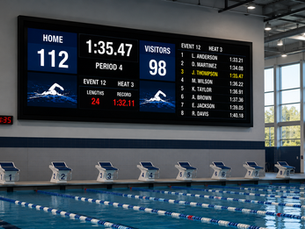 A large digital dvLED aquatic scoreboard displaying race times above a competitive swimming pool with starting blocks.