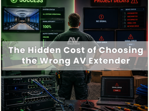 A split-screen graphic contrasting a successful AV installation marked "Success" and "100% Signal Integrity" on the left, with a problematic installation marked "Project Delays" and "No Signal" on the right. A technician stands in the center looking at the screens, with text overlay reading "The Hidden Cost of Choosing the Wrong AV Extender."