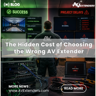 A split-screen graphic contrasting a successful AV installation marked "Success" and "100% Signal Integrity" on the left, with a problematic installation marked "Project Delays" and "No Signal" on the right. A technician stands in the center looking at the screens, with text overlay reading "The Hidden Cost of Choosing the Wrong AV Extender."